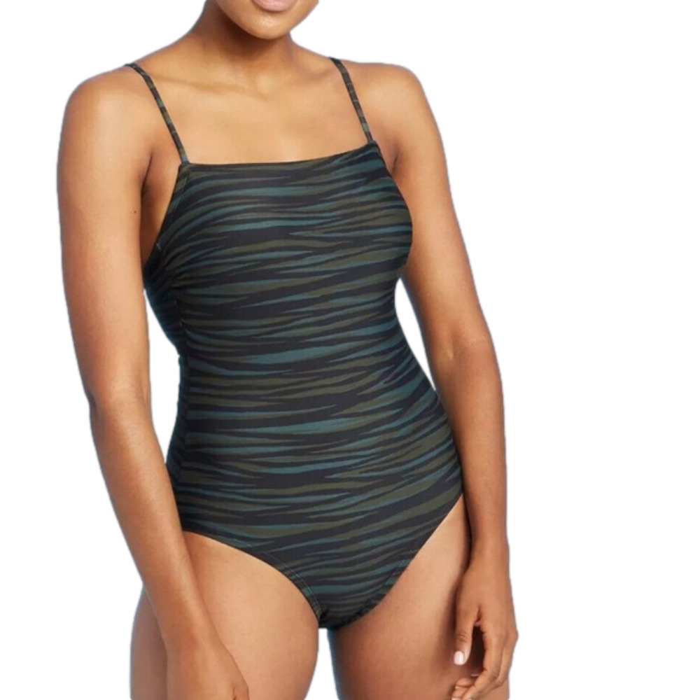Women’s Straight Neck Cinch Back One Piece Swimsuit - Kona Sol M Zebra NWT